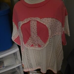 POL Pink and Cream Crochet Peace Sign Top PTP IS 22 Length Is 21 Front and 22bac